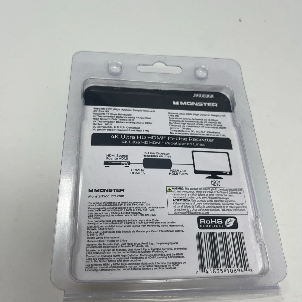Monster JHIU0068 Just Hook It Up HDMI REPEATER ADAPTER 4K Ultra HD In-Line NEW